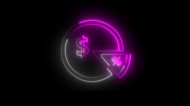 Abstract 3d rendering glowing white and pink neon symbol of pizza slice with glowing outlines. Neon Pizza Slice Badge On Black Background. 
