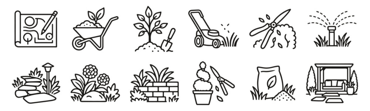 Landscape gardening line icon set. Planting, lawn mowing, irrigation and hedge trimming linear vector illustration. Outline signs for garden design, outdoor maintenance and patio landscaping.