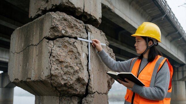 Female civil engineer uses crack width gauge for measuring damage on old concrete bridge pier. Pro woman in hard hat, safety vest performs structural inspection. Conducts technical assessment of