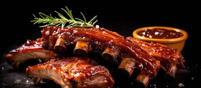 Delicious BBQ Pork Ribs Glazed with Savory Sauce and Garnished with Rosemary.