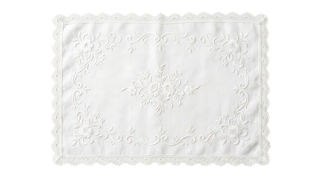 White embroidered placemat with floral motif and lace trim isolated on transparent background