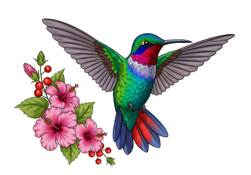 Colorful hummingbird flying near pink flowers