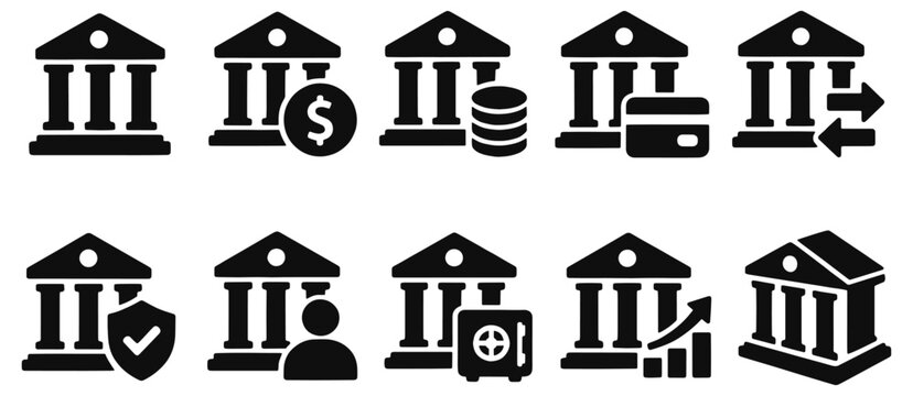 Banking solid icon set. Bank buildings with coins, card, vault, customer and growth chart in black glyph vector silhouettes for financial services, savings, investment and secure payment websites.