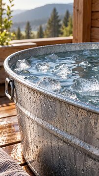 Metal tub filled with ice and water on a wooden deck in nature  