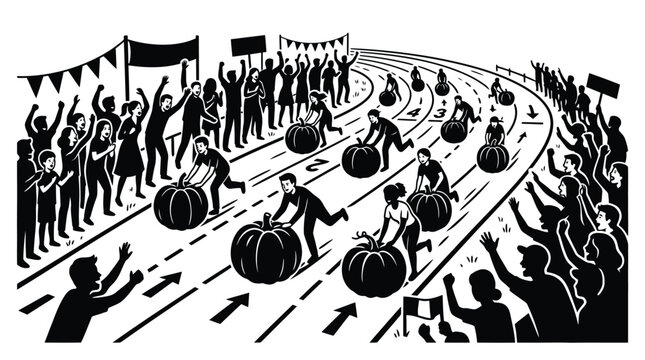 Vibrant black and white illustration depicting participants rolling giant pumpkins on a racing track while enthusiastic crowds cheer loudly