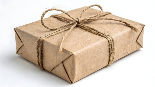 Package wrapped in brown paper and tied with a rustic twine bow sits on a solid white surface.