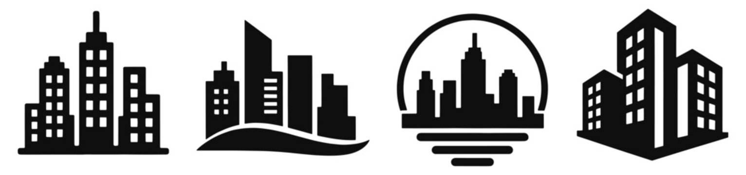 City solid icon set. Urban skylines, tall towers and grouped buildings in black glyph vector silhouettes for real estate, property development, architecture, municipal services and travel websites.