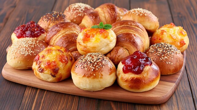 Assortment of freshly baked pastries and buns displayed on a wooden board.