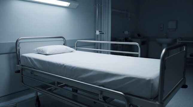 Empty Hospital Bed in Dimly Lit Ward Room Healthcare and Medical Concept