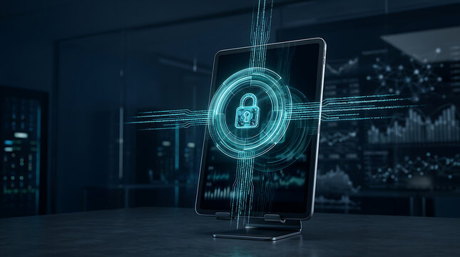 Encrypted digital tablet showing blue padlock icon.
