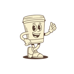 Obraz premium Happy coffee paper cup cartoon character cool contoured vector flat illustration. Smiling funny minimalist morning hot caffeine beverage mascot showing thumb up recommend gesture