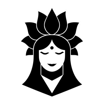 meditating woman with a bindi on forehead and lotus flower crown.
