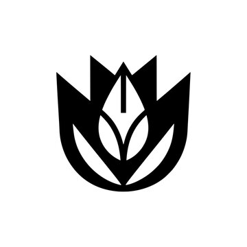 Vector emblem design combining blooming flower petals and a geometric fountain pen nib.