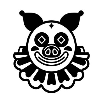vector illustration of a pig character head dressed in a clown or jester costume.