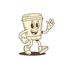 Obraz premium Cute coffee paper cup cartoon character walking greeting contoured vector flat illustration. Comic positive minimalist caffeine morning hot beverage mascot waving hand hi hello happy emotion