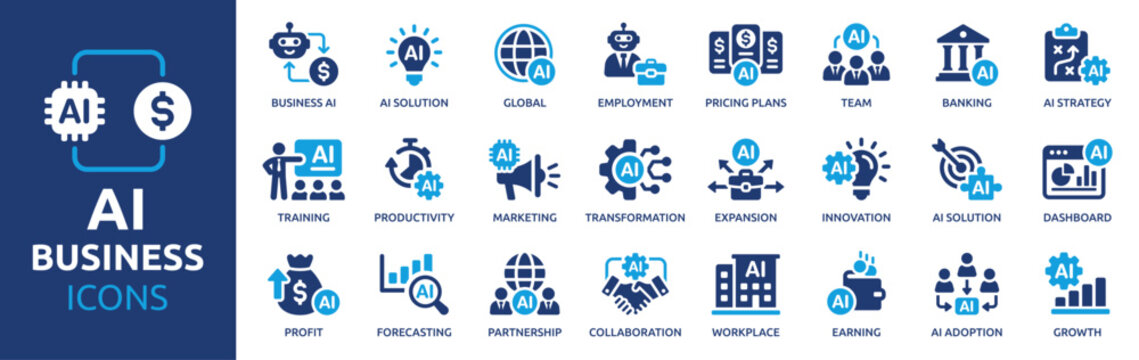 AI Business icon set, Artificial Intelligence, Automation, Strategy, Finance, Productivity, Marketing and Digital Transformation Solid Vector Collection