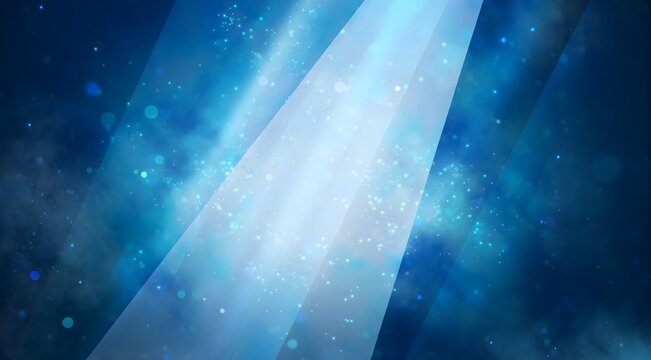 Abstract blue background with vertical light rays and glowing magic sparkles