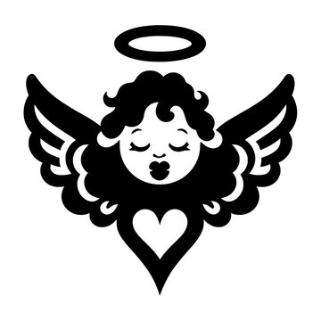 Cute Little Angel Silhouette Vector Illustration with Halo, Wings, and Heart Shape