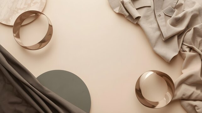 Luxury neutral tone textile and metallic geometric decor background composition   