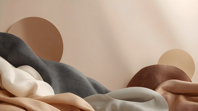 Elegant beige fashion flat lay background with metallic rings and draped fabric
