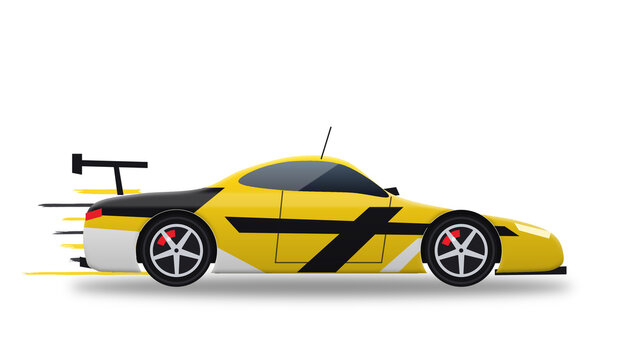Yellow GT race car side view with racing livery