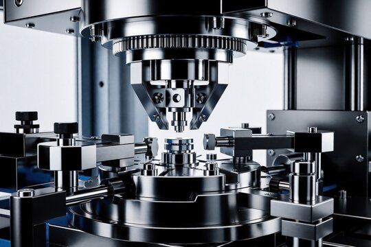 Automated industrial robot uses precision gripper for small parts assembly. High tech machine performs rotary indexing on manufacturing production line. Robotic arm handles metal component with