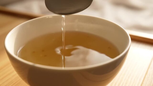 Hand stirring warm hospital soup, broth in ceramic bowl with spoon, lifting and lowering utensil as ripples spread across amber liquid on wooden table
