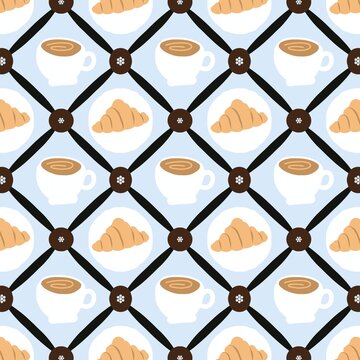 seamless coffee and croissant breakfast pattern with geometric design