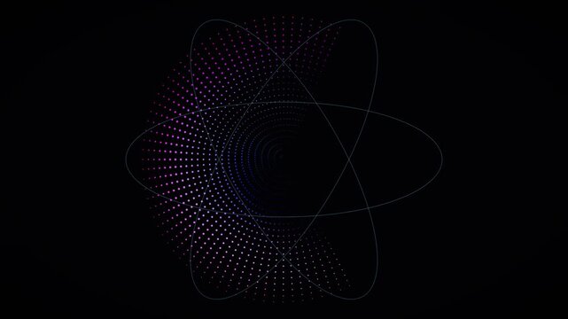 Abstract dark background with glowing purple and blue dotted particle pattern and thin orbit lines for digital technology and science concepts