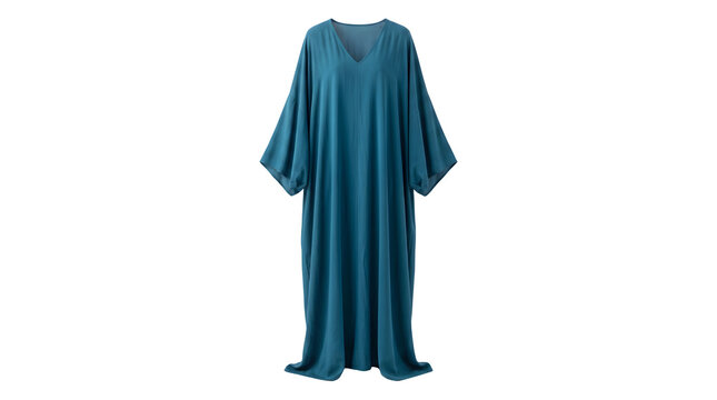 Teal blue long kaftan dress isolated on white background, comfortable loose casual tunic gown, elegant women loungewear
