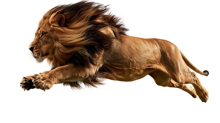 Majestic male lion with flowing mane leaping forward in dynamic motion © Elowen