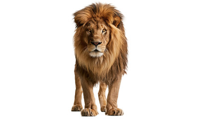 Majestic adult male lion with thick golden brown mane standing and looking forward © Elowen