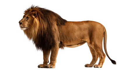Majestic adult male lion with thick dark brown mane standing in profile © Elowen