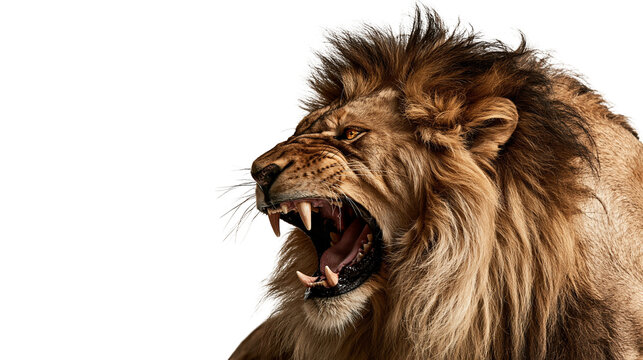 Ferocious male lion roaring with sharp teeth and thick golden brown mane