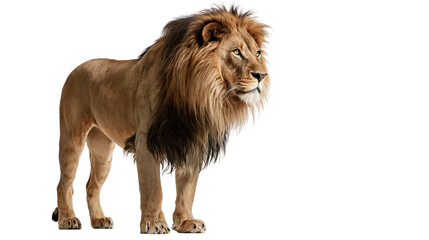 Majestic adult male lion with thick golden brown mane standing in profile © Elowen