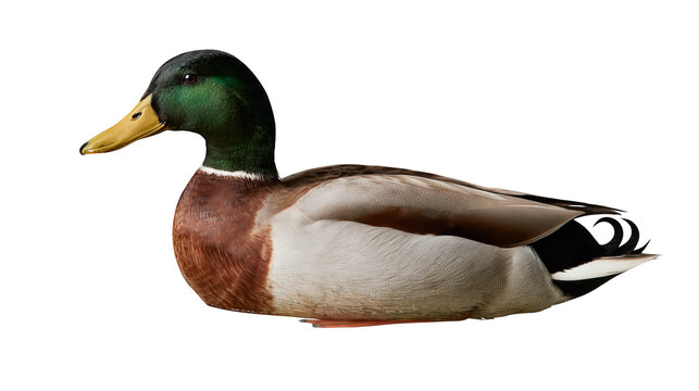 Male mallard duck with iridescent green head and yellow bill