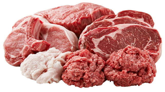 Assorted raw meat cuts including beef steaks pork chops, and ground meat piles