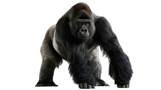 Large silverback gorilla standing in a powerful forward leaning posture