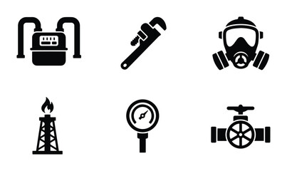 Fototapeta premium Industrial Icons: Gas Meter, Wrench, Gas Mask, Oil Rig, Gauge, Valve Set
