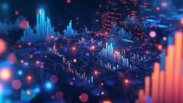 Abstract digital representation of data analysis and financial graphs with glowing neon bars and dots, showing concepts of big data, artificial intelligence, and technology innovation.