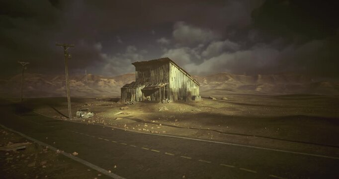 sunlit weathered shack on open plain at sunrise, rusted metal siding catching warm light, distant ridgeline framing isolated homestead, tumbleweed and cracked