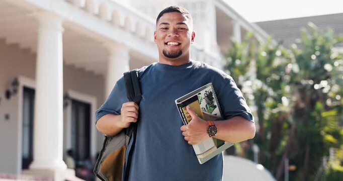 Outdoor, face and happy man with book, education and laughing with scholarship for academic growth. Confident, portrait and person with backpack, knowledge and smile for study opportunity at college