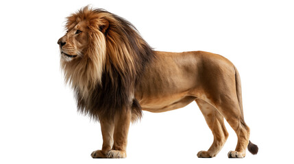 Majestic adult male lion with thick brown mane standing in profile view © Elowen
