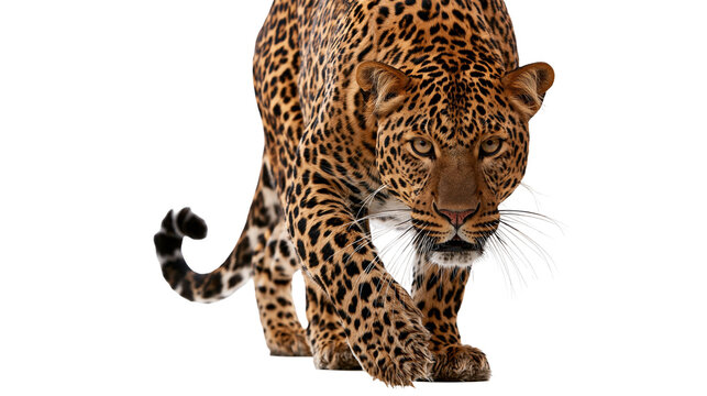 Stalking leopard with spotted fur coat and intense gaze walking forward