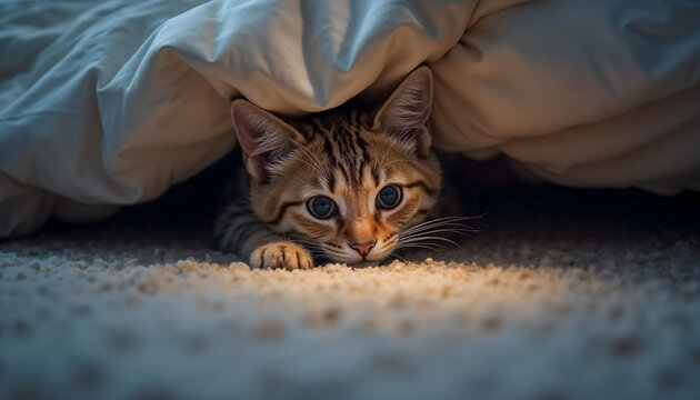 Cute tabby kitten hiding under a white blanket. Small domestic cat peeking out from under covers on a soft carpet