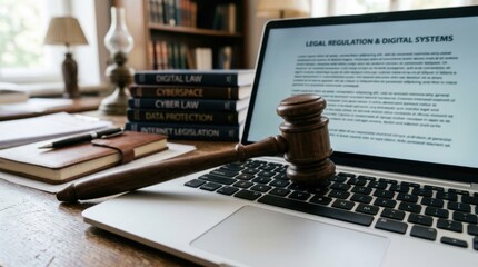 Obraz premium Legal Regulation and Digital Systems Gavel on Laptop with Law Books and Desk Lamp