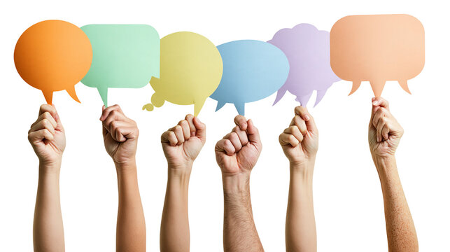 Raised hands holding colorful paper speech bubbles and thought clouds