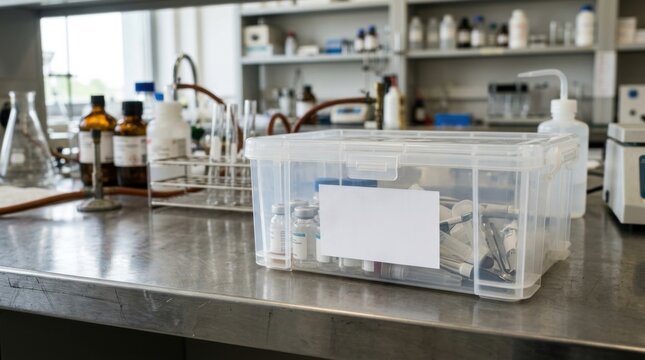 Laboratory bench with scientific equipment glass vials in a clear plastic container and assorted bottles and test tubes