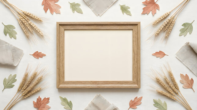 Empty picture frame surrounded by dried wheat stalks and colorful autumn leaves on white background