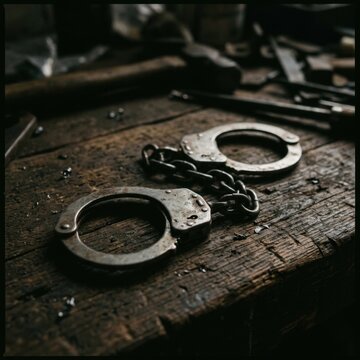 Justice and Law Symbolism Rusty Handcuffs on Old Wooden Workshop Table with Tools